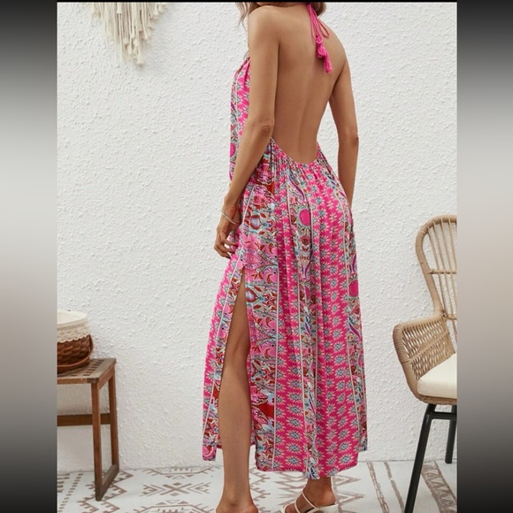 Boho Floral Paisley Print Backless Slit Halter Neck Maxi Pink - Picture 1 of 6